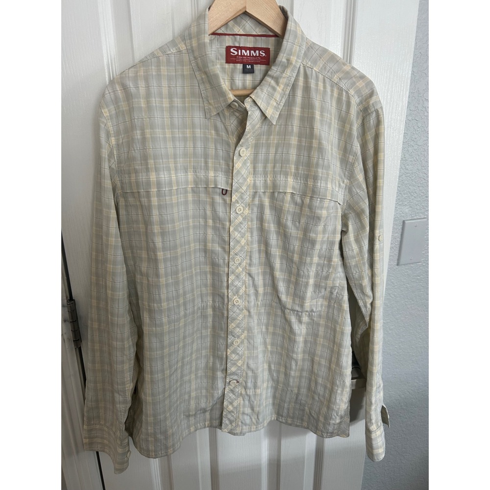 Simms Fishing Products Mens Medium Plaid Long Sleeve Ventilated Shirt Tan Yellow